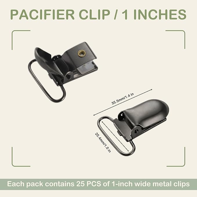 25 PCS 1" Suspender Clips Metal Pacifier Clip Holder for Pacifiers DIY Baby Girl Toy Bibs Garter Making Supplies (Gunmetal, Bulk)