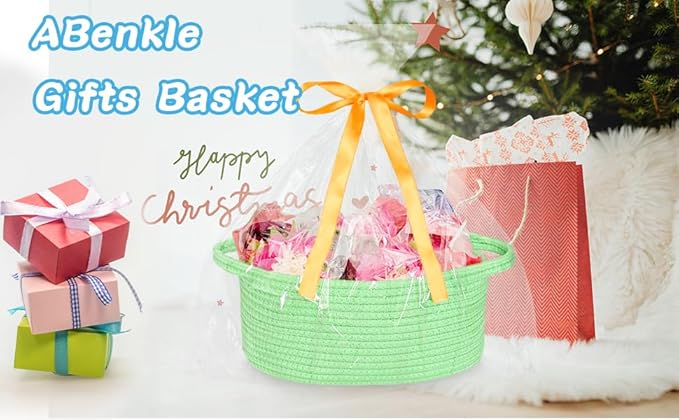 ABenkle Small Basket with Gift Bags and Ribbons, Empty Gift Baskets for Mother's Day, Decorative Boho Rope Woven Nursery Storage Organizer Toy Baskets with Handle for Baby Showers, 12"X 8" X 5"