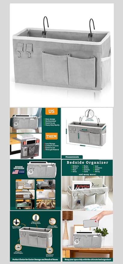 Bedside Caddy Organizer Hanging Storage Bag with Pockets for Books, Magazines, Phone, Tablet & Water Bottle – Bedside Storage for Dorm, Bunk Beds, Hospital Beds & Cribs,Grey