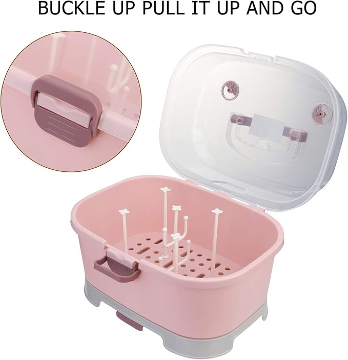 NUOBESTY Baby Bottle Storage Box with Cover Portable Milk Bottle Case and Drying Rack for Home and Travel 13.8 X 9.8 X 9.8 Inches Organizer for Baby Supplies