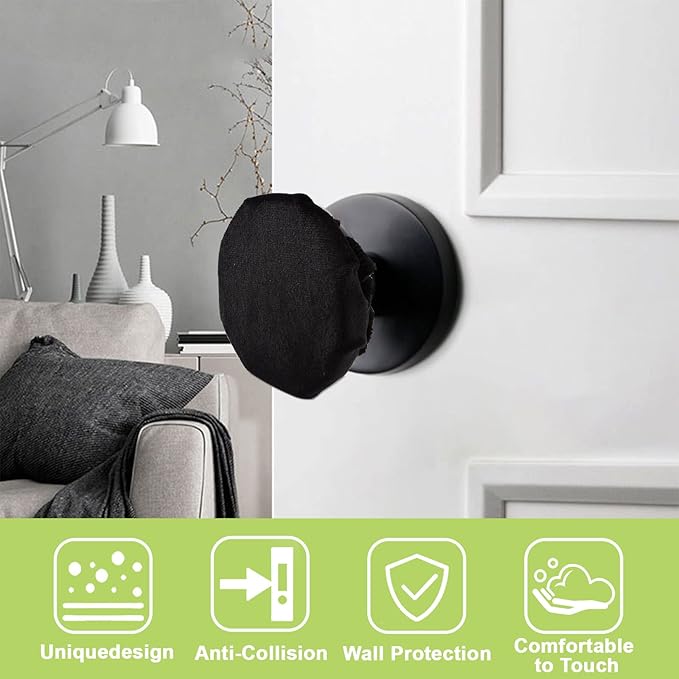 Door Handle Covers, 2Pcs Black Decorative Round Door Knob Covers Soft Door Handle Glove Anti-Static Safety Door Knob Protector with Clear Anti-Collision Adhesive Strip