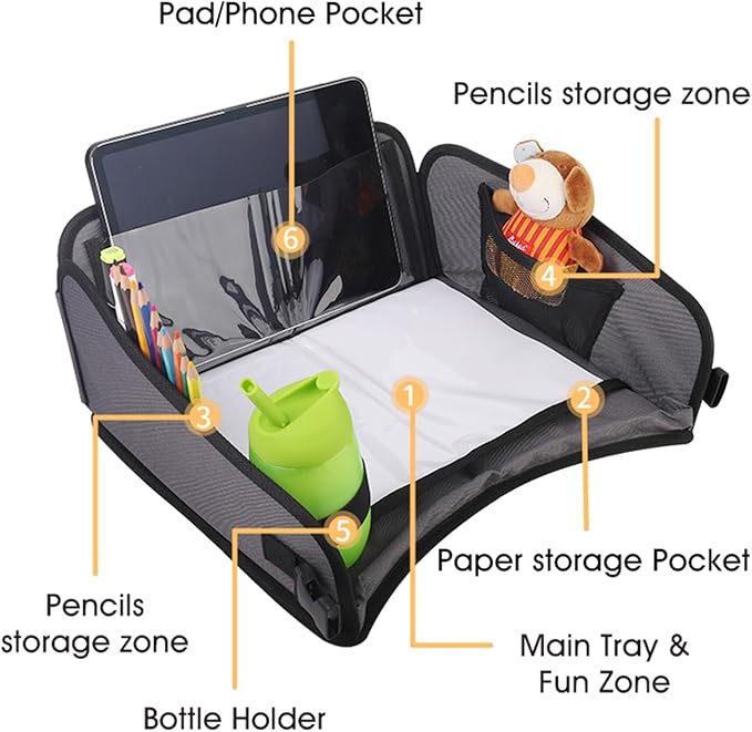 Kids Travel Tray for Car, Car Seat Tray, Grey