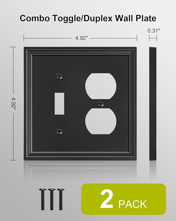 2-Pack Combo Toggle/Duplex Light Switch Cover Plate, Black Wall Outlet Cover Plate, Natural Bamboo Fiber Decorative Wall Receptacle Cover for Electrical Outlets, Light Switch