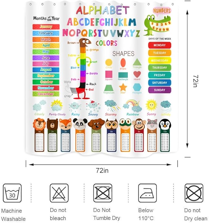 ABC Educational Shower Curtain Kids Learning Tool Funny Cartoon Animals Colors Shapes Weathers Multiplication Table Girls Boys Colorful Decor Waterproof Fabric 72Lx72W Inch with Hooks