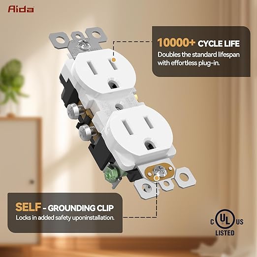 AIDA 10 Pack 15A 125V Duplex Heavy-Duty Receptacle Outlet, Electrical Outlet Electrical Wall Outlets, Duplex Receptacle Outlet, Residential Grade, 2-Pole 3-Wire, Self-Grounding Clip, UL Listed, White