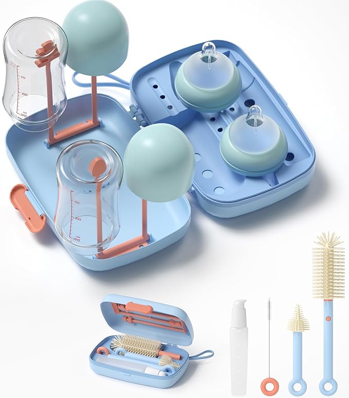 Suvast 7in1 Travel Bottle Cleaner kit with Baby Bottle Brush and Bottle Drying Rack,Swift Cleaning, Easy Portability(Blue)