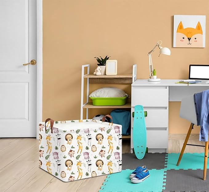 HKEC Rectangle Storage Basket with Handles,Collapsible Storage Bin,Books Box,Gift Basket(Dancing Animal)