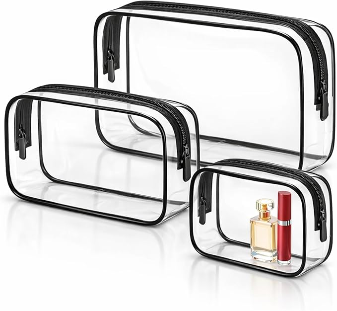 3 PCS Clear Travel Toiletries Bag, CAA Approved Waterproof Toiletry Bags, Clear Makeup Bags PVC Cosmetic Bag, Travel Essentials