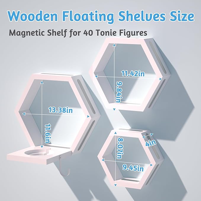 Hexagon Tonies Shelf Magnetic - Tonies Storage Shelf Set of 3 for Kid Room, Wooden Magnetic Display Shelf for TonieBox Holder, Wall Floating Shelves Toy Storage Compatible with Tony Accessories(White)