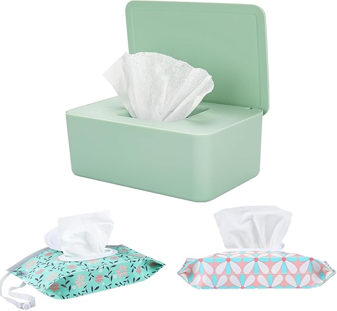 HFHungkeong Wipes Dispenser with 2Pcs Portable Refillable Wipe Holder,Reusable Large Wipe Holder Box Flushable Wipes Case Bathroom Wipes Container for Pet Nursery Kitchen Office Counter(Green)