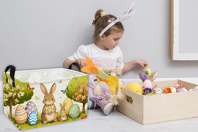 Essme Rectangular Easter Basket, Kids Storage bin Organizer with Handles for Easter Decor,Shelf Basket,Toy Organizer,Easter Baskets.(Cute Easter Basket)