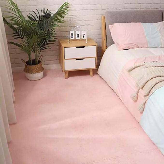 12pcs Plush Puzzle Foam Floor Mat, Cute Soft Fluffy Interlocking Square Foam Tiles Area Rugs Carpet for Parlor Bedroom Decoration(11.8x11.8x0.55in, Pink)