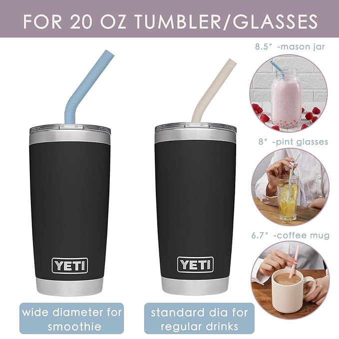4-Size Reusable Silicone Straws with Travel Keychain Cases-Portable Collapsible For Cruise Ships, Short-Long Size For 4-20 oz Tumblers,Kids Toddlers Adults, Standard&Wide For Regular Liquid&Smoothie
