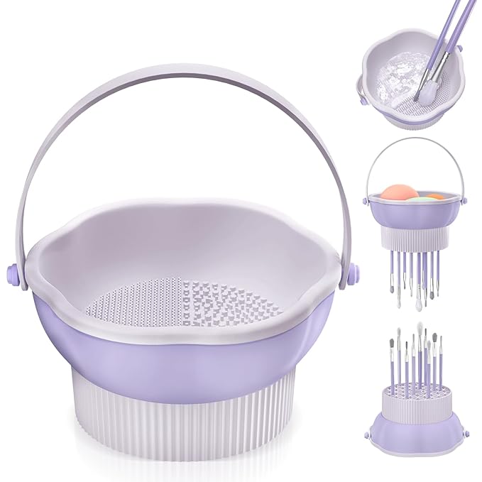 senbowe 3 in 1 Makeup Brush Cleaner Mat, Silicone Makeup Brush Cleaner Bowl Cosmetic Brushes Cleaning Pad Tool Organizer for Storage and Air Drying, Make Up Brush Washing Tool for Sponge