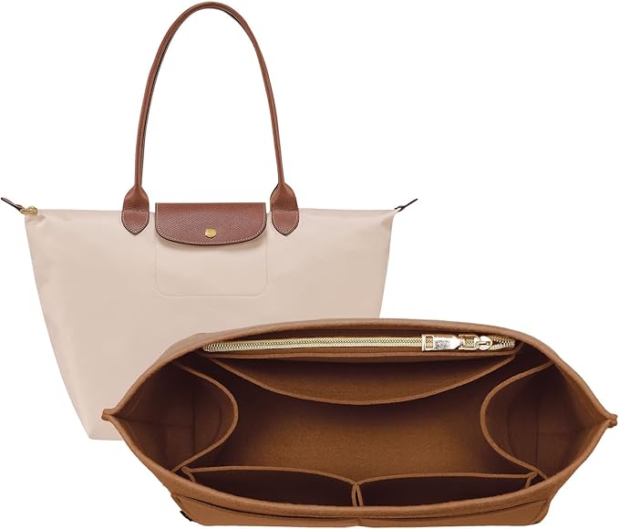 OPPOSHE Purse Organizer Insert for Longchamp Le Pliage, Premium Felt Long Champ Bag Handbag Women, Tote Organizer Insert with 9 Compartments (Medium, Earth Brown)