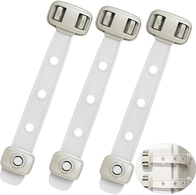 Child Safety Fridge Locks, 3pcs Adjustable Refrigerator Door Lock, Child Proof Safety Cabinet Lock with Strong 3M Adhesives for Cabinets and Drawers, Multi-Purpose for Furniture Toilet Seats Ovens.