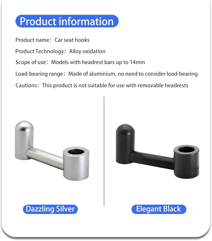 POBADY 2 Pack Car Seat Hooks - Headrest Seat Back Car Supplies - Small Hooks for Bag, Clothes, Grocery (Silver+Black)