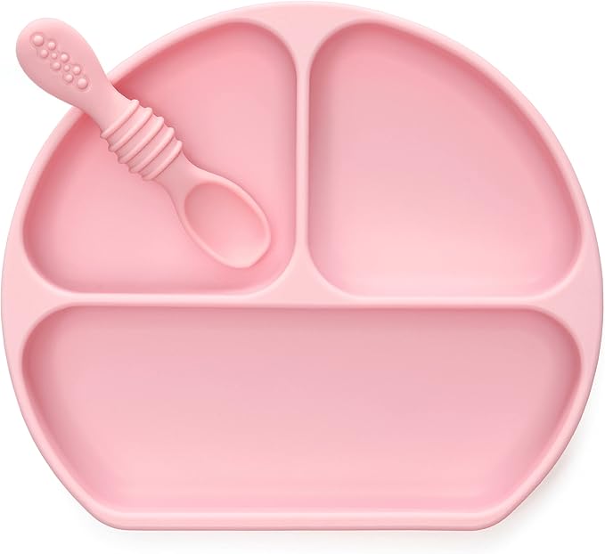 PrimaStella Unbreakable Silicone Non-Slip Baby & Toddler Plate and Spoon Feeding Set - Pink