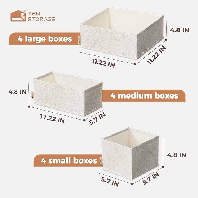 ZenStorage Cotton Linen Drawer Organizer for Baby Clothes, 12Pack Foldable Nursery Dresser Divider, Multi-Size Set Dresser Drawer Organizer for Nursery, Bedroom and Closet, Beige
