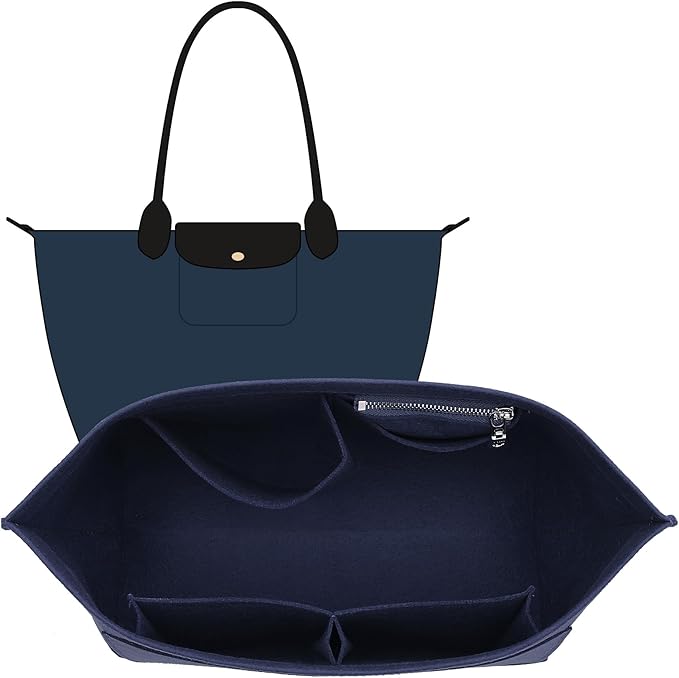 Felt Purse Organizer Insert Compatible with Longchamp Le Pliage M Tote Bag(Long Handle), Zipper Long Champ Medium Organizer with Cup Holder for Tote Handbags, 8 Compartments (Blue,M)