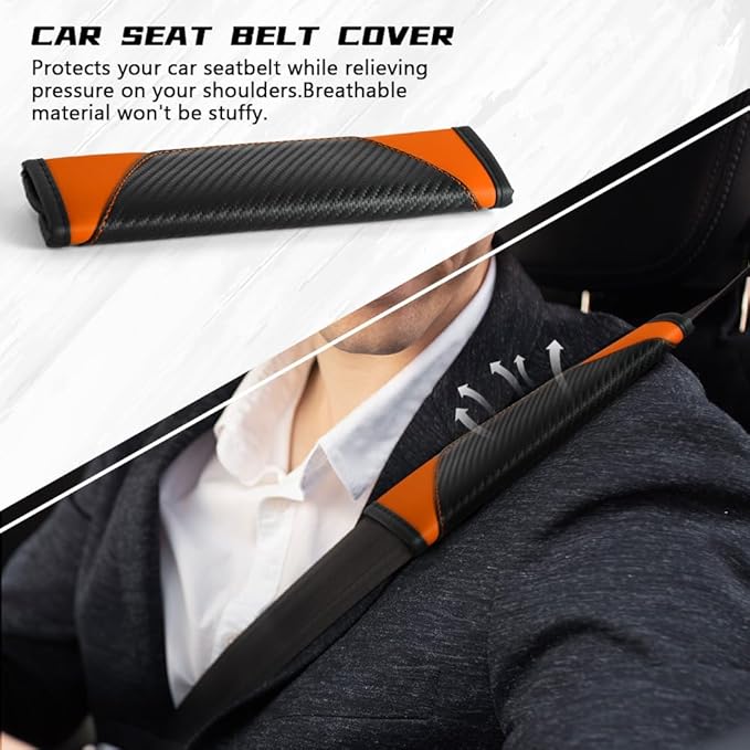 2PCS Car Seat Belt Cover Pad, Soft Carbon Fiber Leather Seatbelt Shoulder Protector for a More Comfortable Driving, Universal Safety Belt Strap Cover to Protect Your Neck (Orange)