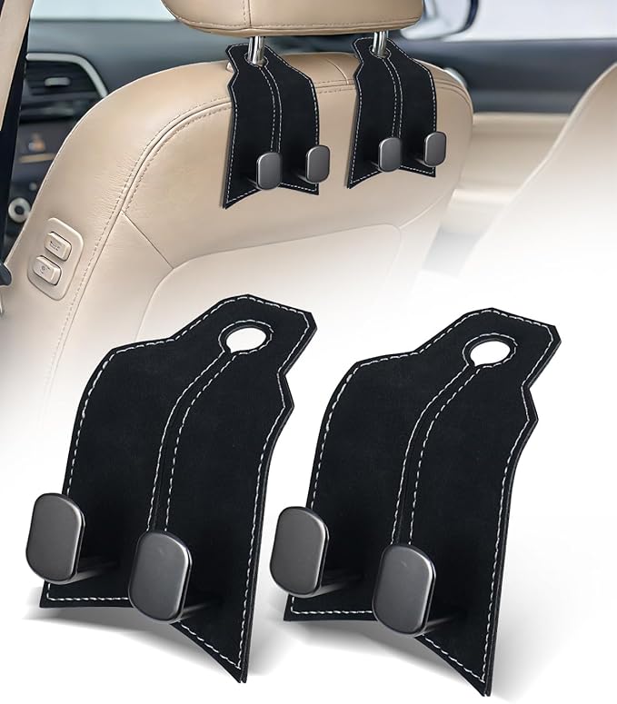 Purse Hook for Car, Car Hooks for Seat Headrest Metal & Premium Leather 2026 Latest, Auto Headrest Hanger Organizer Accessories for Purses and Bags, 2 Pack Black