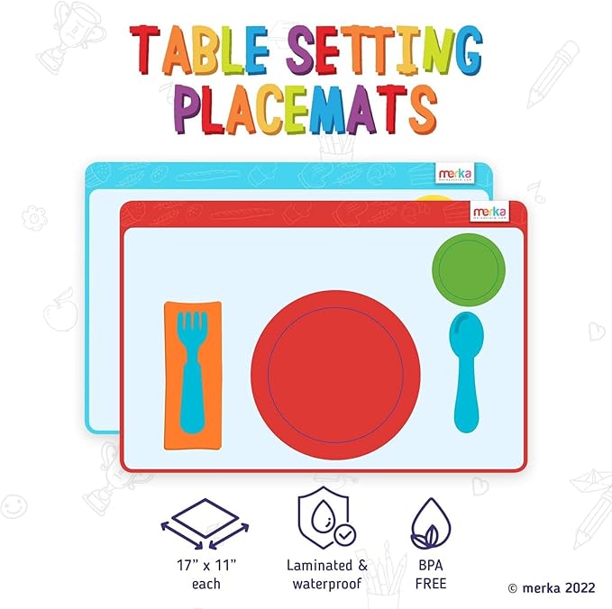 Merka Place Setting Placemat for Kids - 17 x 11 in, Multicolor Silicone, 2-Pack for Ages 2+ - Reusable & Washable Educational Placemat with Guided Utensil Placement & Table Manners