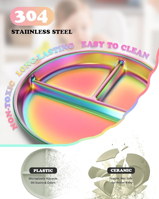 Bakpoco Stainless Steel Kids Plates 4 Packs, 8" Divided Toddlers Portion Control Plate, Non Toxic & BPA Free |Unbreakable |Dishwasher Safe Baby Snack Dish for Daycare, Colorful Meal Time Chums