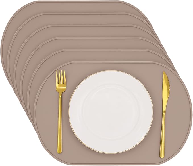 yuuzue Silicone Placemat Set of 6, Heat Resistant Placemats for Dinning Table, Reusable Portable Kids Baby Placemats, Waterproof Stain-Proof Toddler Food Mats, Easy to Clean Silicone Mat Oval Placemat