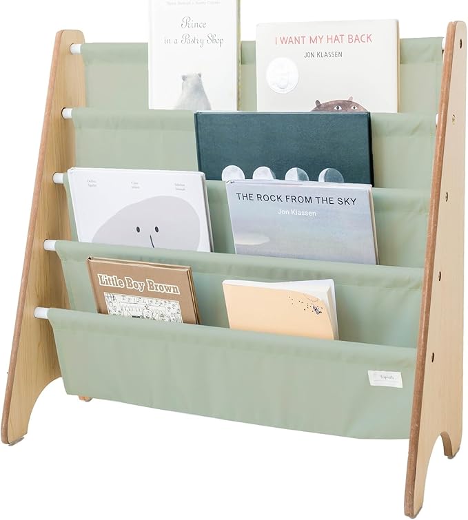 3 Sprouts Recycled Fabric Kids Bookshelf – 4-Tier Sling Book Rack Organizer - Nursery Room Playroom Classroom Wooden Book Shelves - Kid Bookcase Wood Storage Shelf for Toddler Age 3+ - Solid Green
