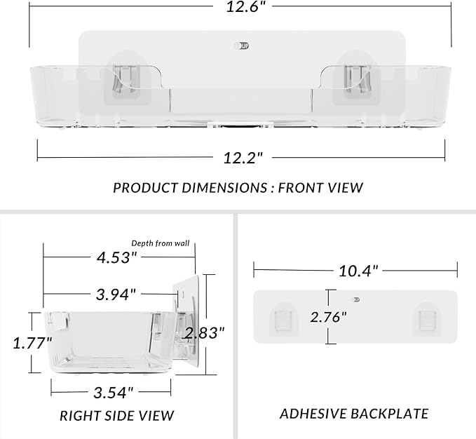 Acrylic Shower Shelf – Adhesive, No-Drill Bathroom Wall Shelf, Clear 12.2" x 3.54" x 1.77" Slim Organizer with Fast Drainage for Shower & Sink Toiletries