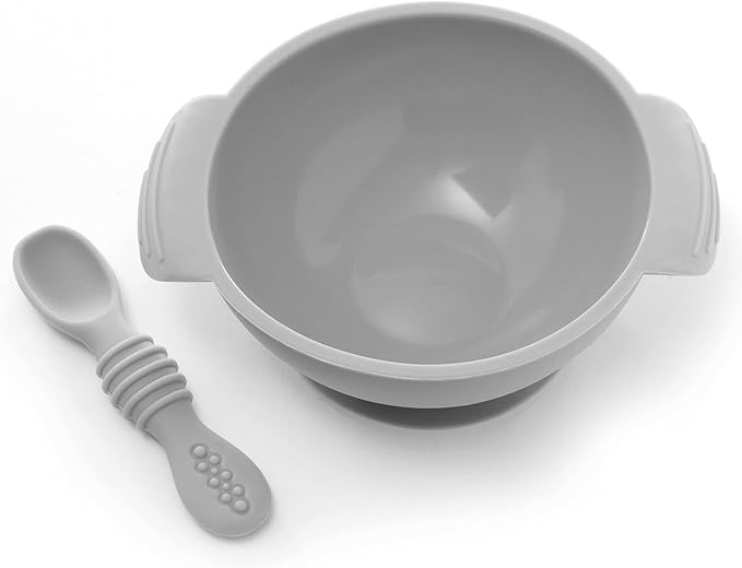 PrimaStella Unbreakable Silicone Non-Slip Bowl and Chew Spoon Set for Babies and Toddlers (Stone)
