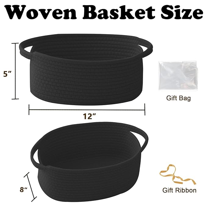 Small Woven Rope Basket-Empty Gifts Basket with Bag and Ribbons,Cute Handle Organizer Box for Birthday/Baby Shower, Toy Storage, Nursery Organizing & Shelf Decor(Black)