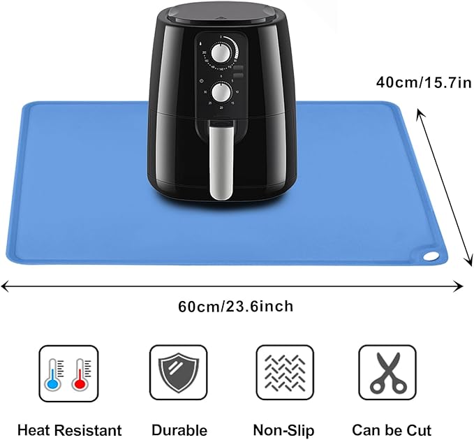 Standard Silicone Table Placemat-Food Grade Kids Dinner Placemat Reusable Countertop Mats Dough Pad with Raised Edges Blue Silicone Mat Heat Resistant for Air Fryer (1Pack 23.6'' x 15.7'')