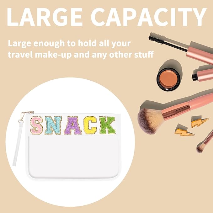 Iqimott Chenille Letter Clear Bag Snack Pouch, Monogram PVC & PU Makeup Cosmetic Bag Zipper Toiletry Pouch, Waterproof Portable Purse Travel Beach Snack Wristlet Bags for Women Girls(Snack, White)