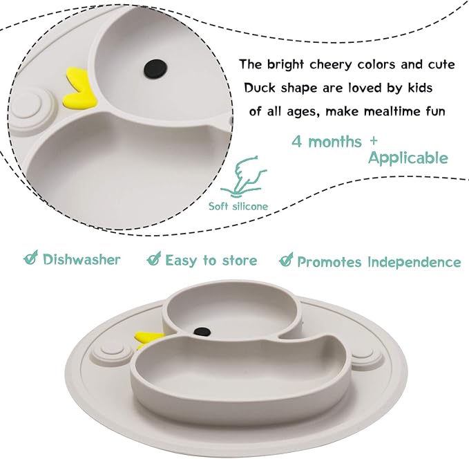 Linowos Baby Divided Plate Silicone- Portable Non Slip Child Feeding Plate with Suction Cup for Children Babies and Kids BPA Free Baby Dinner Plate Microwave Dishwasher Safe … (Duck-Gray)