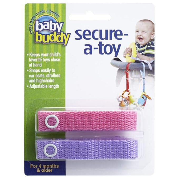 Baby Buddy Secure-A-Toy, Safety Strap Secures Toys, Teether, or Pacifiers to Strollers, Highchairs, Car Seats, Adjustable Length to Keep Toys Sanitary Clean, Registry Must Haves, Pink-Lilac, 2 Count