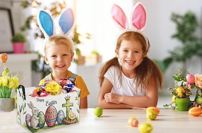 Sanjiaofen Rectangular Easter Baskets, Eggs Basket for Kids.Bunny Basket with Handles.Boys and Girls,Bunny Eggs Decor,Books,（ Easter