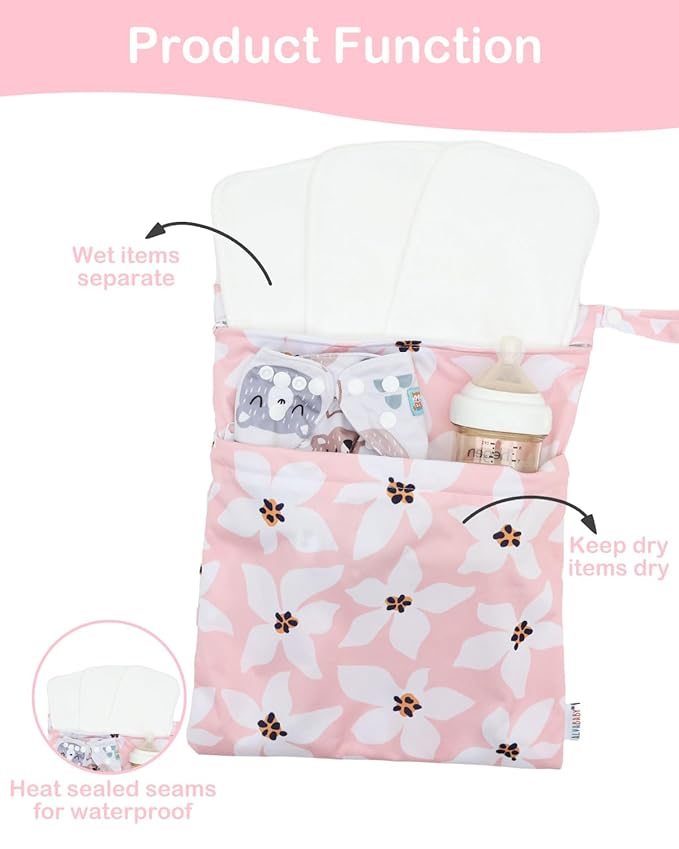 ALVABABY 2pcs Waterproof Wet Dry Bags,Reusable with Two Zippered Pockets,Baby Cloth Diaper,Travel,Beach,Pool,Daycare,Soiled Baby Items,Yoga Gym Bag,Swimsuits or Wet Clothes 2LW01