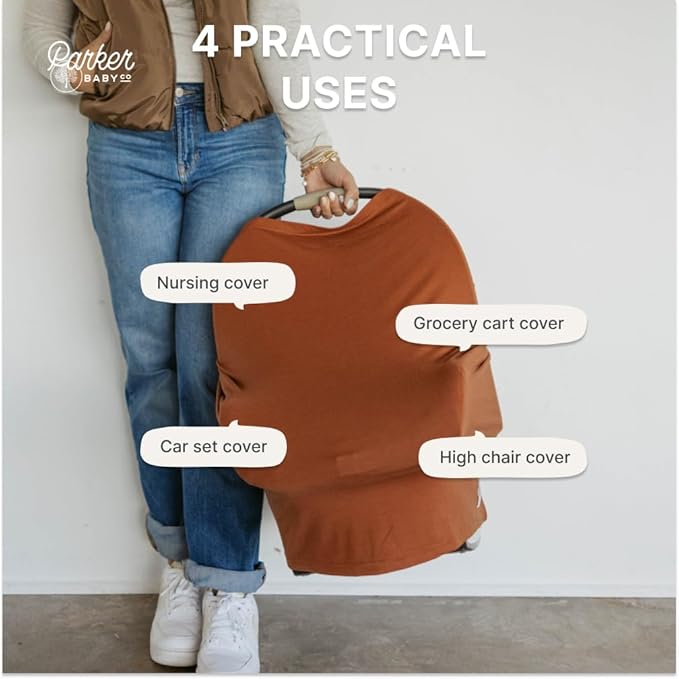 Parker Baby 4 in 1 Car Seat Cover for Girls and Boys - Stretchy Carseat Canopy, Nursing Cover, Grocery Cart Cover, High Chair Cover - “Clay”