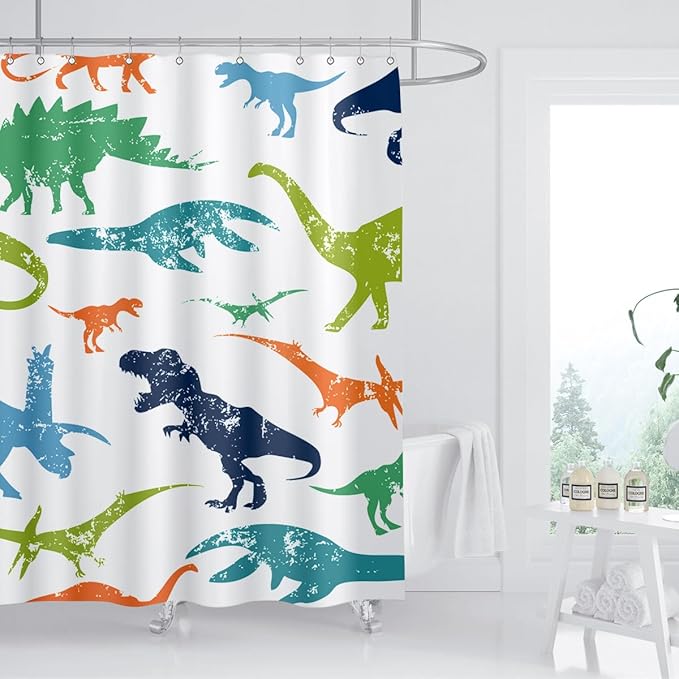 Dinosaur Shower Curtain Colorful Kid Cartoon Jurassic Children Dino Elasmosaurs Themed Bath Curtain Waterproof Fabric Bathroom Decor 72x72 Inch Plastic Hooks 12 PCS
