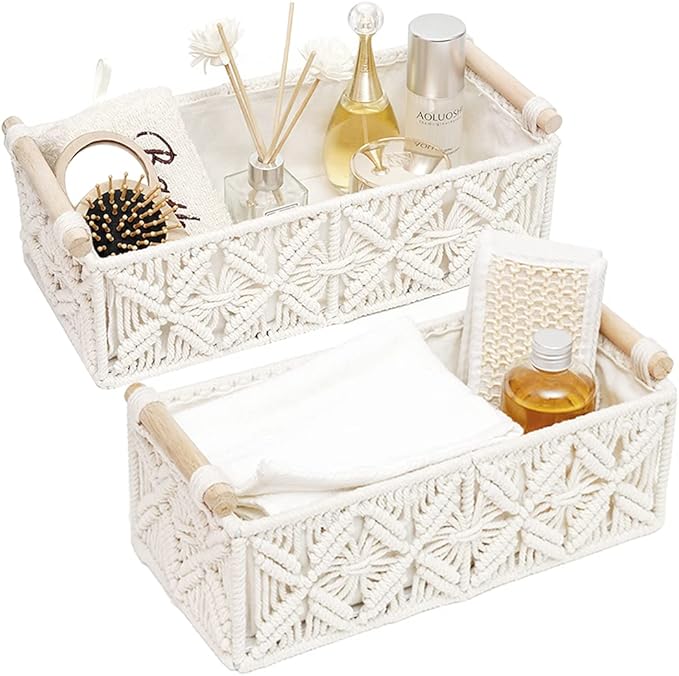HOSROOME Macrame Storage Basket Boho Decor Baskets for Organizing Woven Decorative for Countertop Toilet Paper Basket for Tank Top for Home Decor Bedroom Nursery Livingroom Entryway (Set of 2)