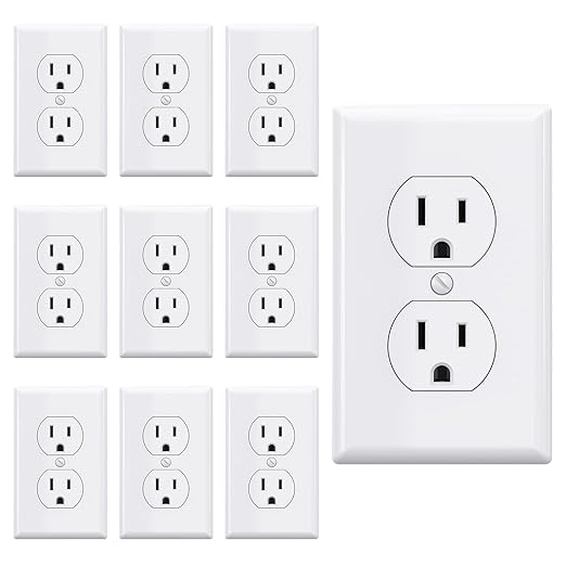 AIDA Outlet White Duplex Receptacle with Wall Plate, Electrical Outlet Electrical Wall Outlet, 15 Amp Outlet 125V, Self-Grounding, 2-Pole, 3-Wire, 5-15R, UL Listed, 10 Pack