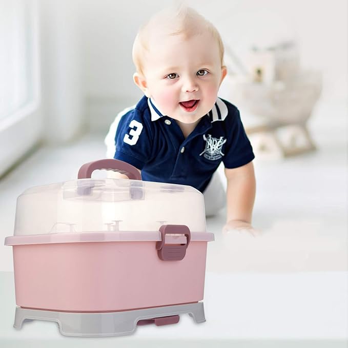 NUOBESTY Baby Bottle Storage Box with Cover Portable Milk Bottle Case and Drying Rack for Home and Travel 13.8 X 9.8 X 9.8 Inches Organizer for Baby Supplies