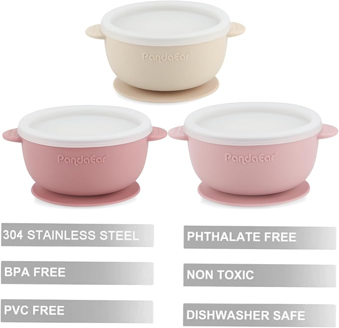 PandaEar 3 Pack Stainless Steel Baby Suction Bowls, Non-Slip Child Food Bowl with Silicone Sleeve for Kids Toddlers Infants, Unbreakable & Mess Free (Pink, With Lids)