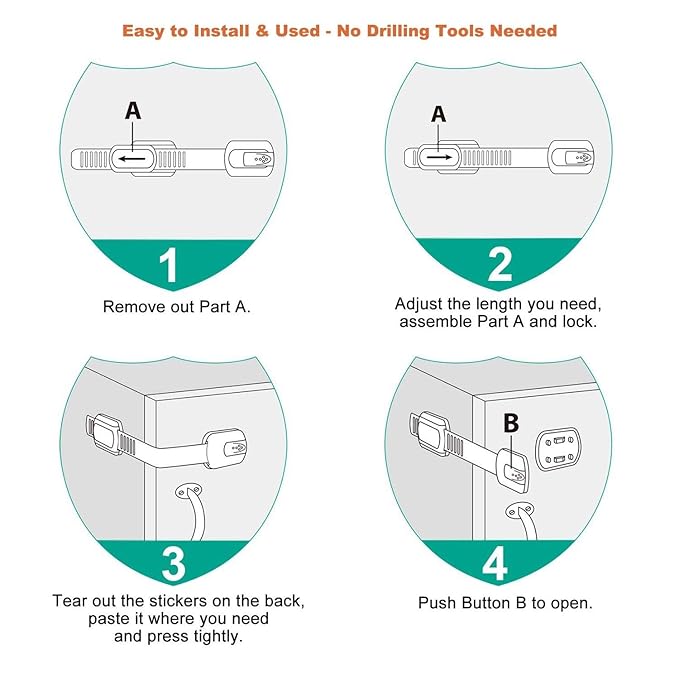 Child Safety Cabinet Strap Locks - OKEFAN 12 Pack Baby Proofing Adhesive Latches for Kids Drawer Cupboard Dishwasher Fridge Oven Door No Drill (White)