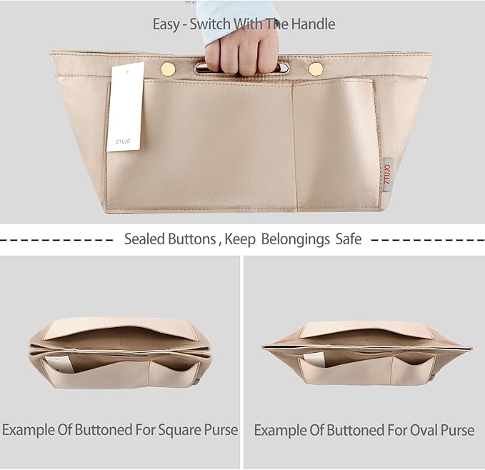 ZTUJO Purse Organizer Insert For Handbags, Silky Bag Organizer With 2 Zippers For Speedy Neverful Tote and More (Beige, X-Small)