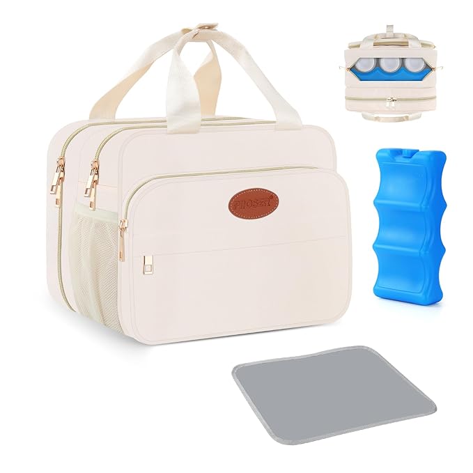 PIIOSER Breastmilk Cooler Travel Bag with Ice Pack, Compatible with Wearable Breast Pumps & Accessories - Breastfeeding On The Go for Nursing & Working Moms, Cream