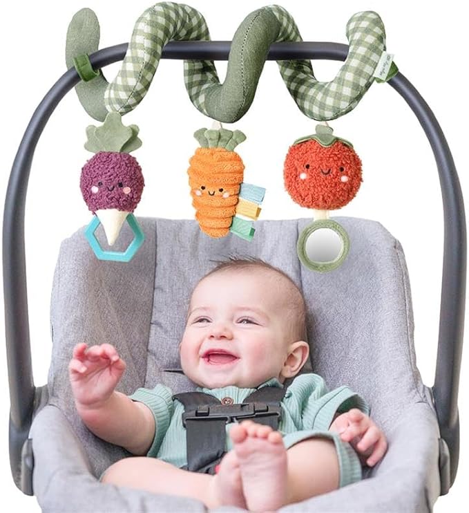 Itzy Ritzy Spiral Car Seat & Stroller Activity Toy - Stroller & Car Seat Toys for Ages 0 Months and Up - Hanging Toys Include Dangling Ring, Mirror and Textured Ribbons (Veggie)