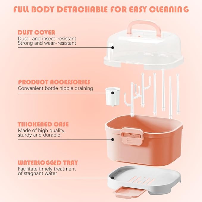 DOERDO Baby Bottle Drying Rack, Portable Large Capacity Toddler Bottles Storage Box with Cover Portable Kitchen Cabinet Organizer for Home Kitchen, 11.6x9.4 Inch, Orange